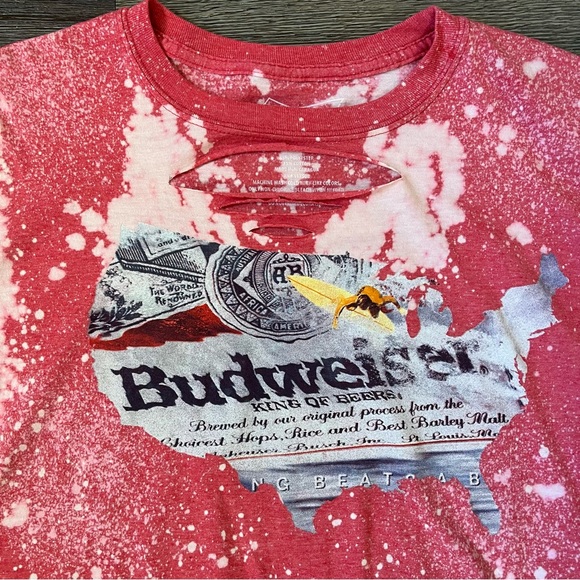 Custom Bleached Budweiser Beer Bleached Distressed Red Shirt Size Large - Picture 2 of 5
